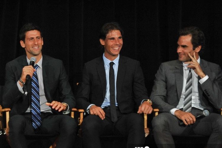 NEW YORK, NY - AUGUST 23: (L-R) Novak Djokovic, Rafael Nadal, and Roger Federer attend the ATP Heritage Celebration at The Waldorf=Astoria on August 23, 2013 in New York City.   D Dipasupil/Getty Images/AFP (Photo by D Dipasupil / GETTY IMAGES NORTH AMERICA / Getty Images via AFP)