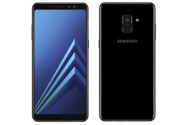 Tampang depan dan belakang Galaxy A8 Plus (2018) dengan desain bezel less dan kamera selfie ganda. 