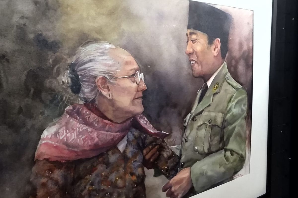 Lukisan berjudul Home, cat air di atas kertas, karya pelukis Yogyakarta Damar Sungkowo yang memotret momen kedekatan Bung Karno dengan Ibunya, Ida Ayu Nyoman Rai, dipamerkan di Perpustakaan Bung Karno, 18-23 Juni 20021.