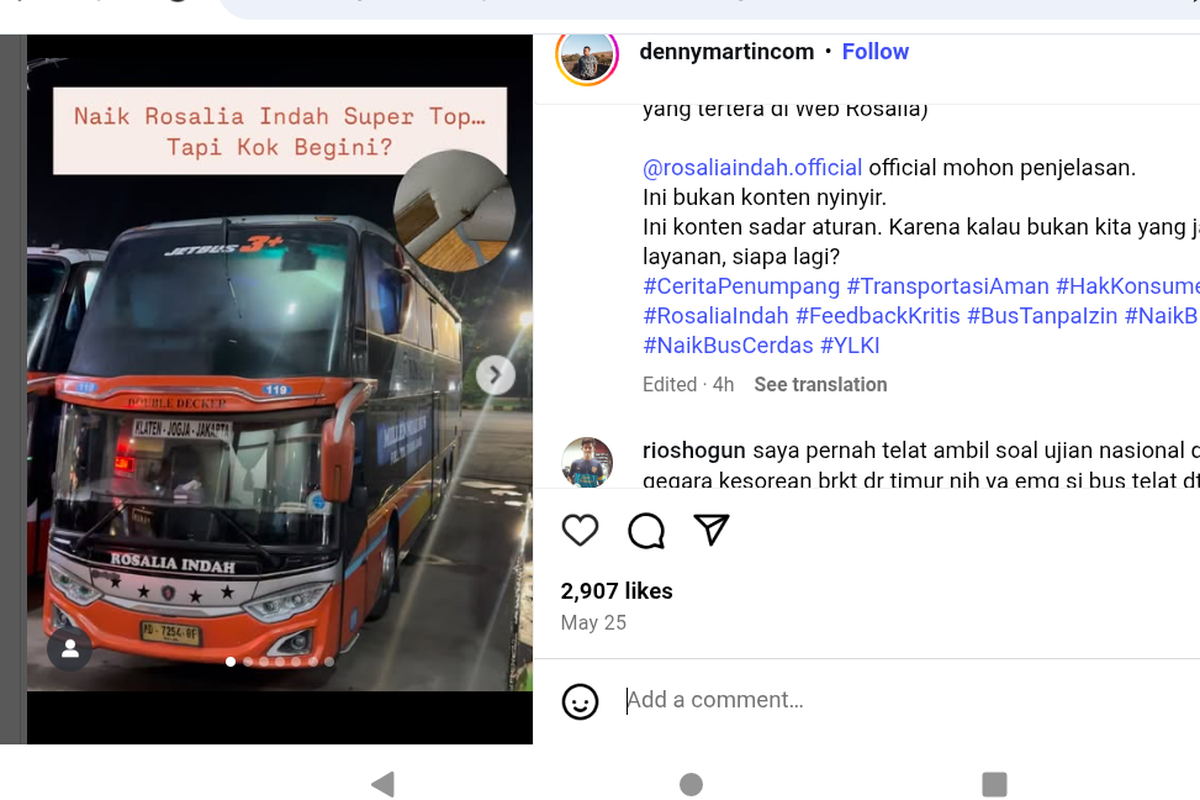 Salah satu curhatan penumpang bus PO Rosalia Indah