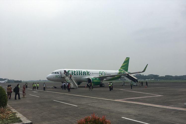 Penerbangan Perdana Citilink Rute Baru Halim-Silangit, di Bandara Internasional Silangit, Sumatera Utara, Sabtu (28/10/2017). 