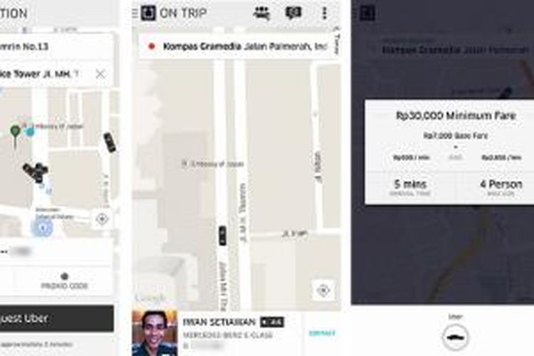Tampilan aplikasi Uber saat menunjukkan lokasi mobil Uber di sekeliling pengguna (kiri), kontak dan posisi pengemudi yang menanggapi pesanan (tengah), dan keterangan tarif
