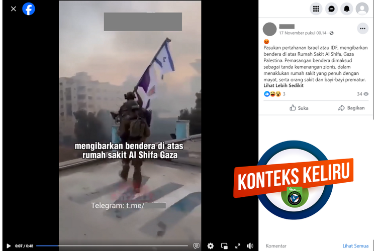 Tangkapan layar unggahan dengan konteks keliru di sebuah akun Facebook, 17 November 2023, soal pengibaran bendera Israel di RS Al Shifa.