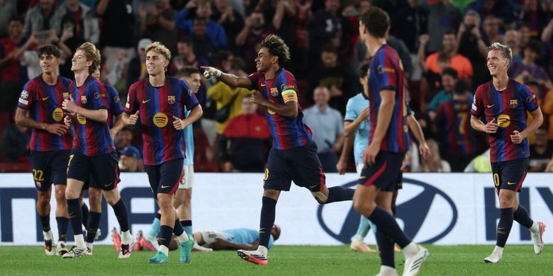 Penyerang Barcelona, ??Lamine Yamal, merayakan gol keempat Blaugrana dalam laga putaran pertama Liga Champions antara FC Barcelona dan Feyenoord di Stadion Camp Nou, Barcelona, ??pada 9 September 2026.