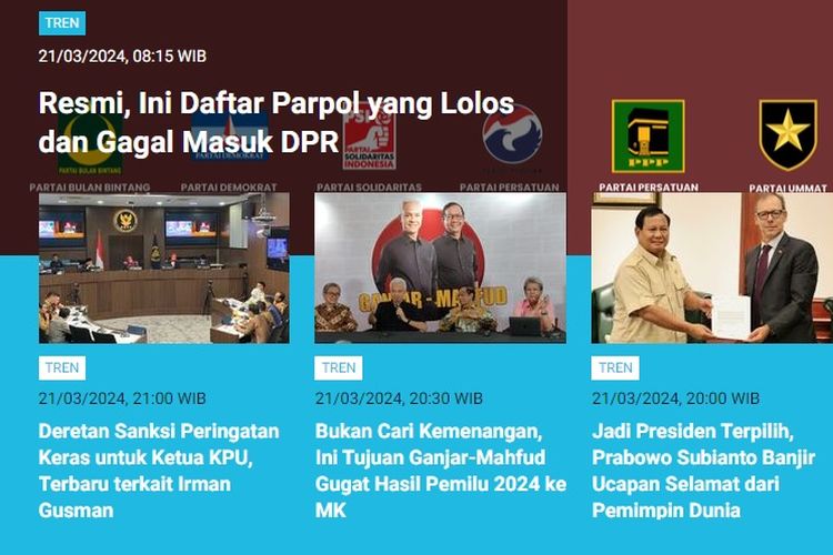 Berita populer kanal Tren sepanjang Kamis (21/3/2024): daftar parpol yang lolos dan gagal melayu ke DPR RI.