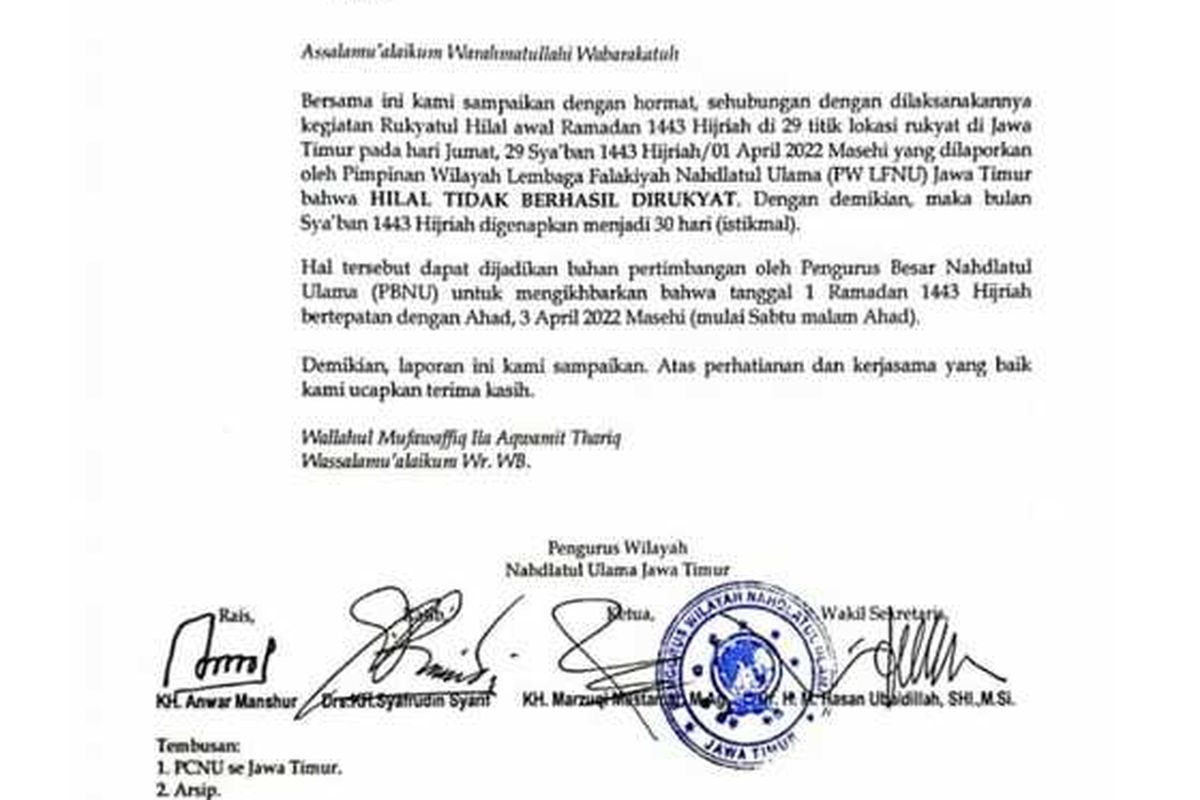 Surat edaran PWNU Jatim tentang Laporan Kegiatan Rukyatul Hilal awal Ramadhan 1443 Hijriah.