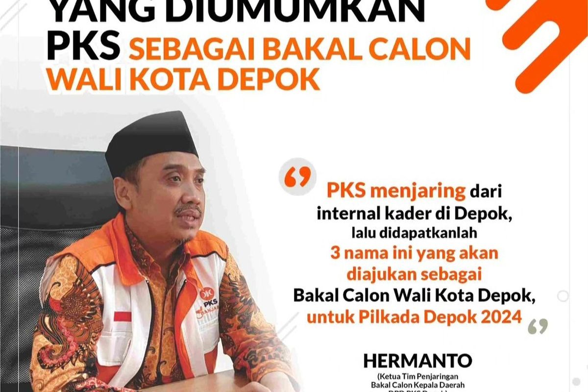 DPD PKS Depok mengumumkan tiga nama yang terjaring sebagai bakal calon Wali Kota Depok.