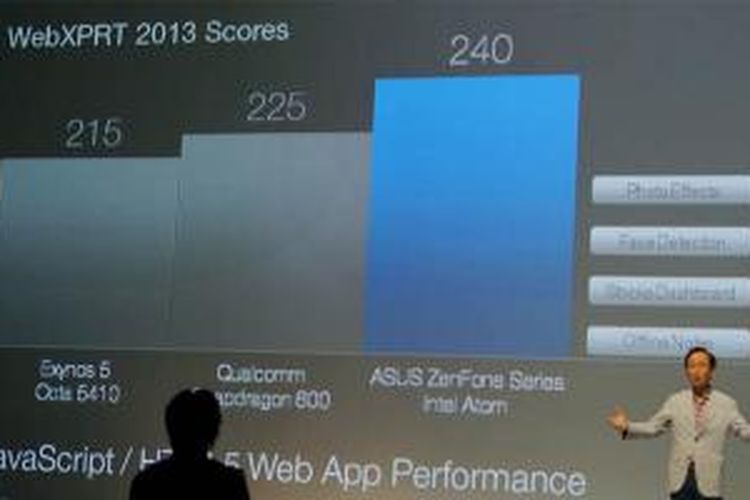 Chairman Asus Jonney Shih membandingkan kinerja prosesor intel Atom, Snapdragon 600, dan Exynos 5 Octa 5410 dalam acara peluncuran Asus Zenfone di Jakarta,  Selasa (15/4/2014).