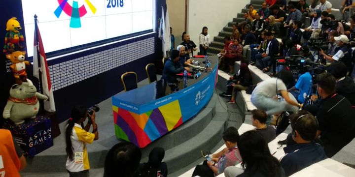 Ketua Inasgoc, Erick Thohir, menghadiri konferensi pers di Jakarta Convention Center, Jakarta, Sabtu (1/9/2018).