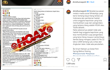 Beredar informasi Hoaks bahwa Polisi mendapatkan imbalan Rp 10 juta setiap bisa membuktikan warga yang memberikan suap saat ditilang