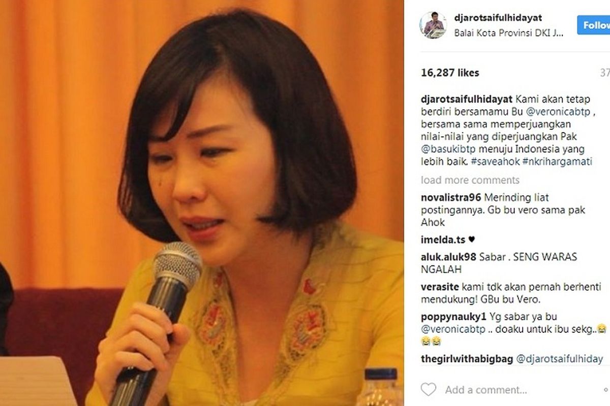 Plt Gubernur DKI Djarot Saiful Hidayat memberikan semangat kepada istri Basuki Tjahaja Purnama, Veronica Tan melalui akun Instagram miliknya, Selasa (23/5/2017).