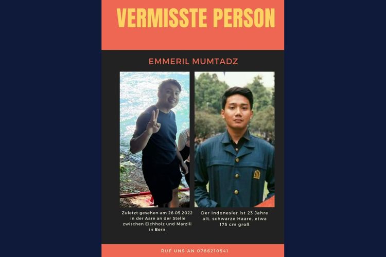 Poster hilangnya Emmeril Khan Mumtadz (23) atau Eril, anak sulung Gubernur Jawa Barat Ridwan Kamil, saat berenang di Sungai Aare, kota Schonausteg, provinsi Bern, Swiss, Kamis (26/5/2022).