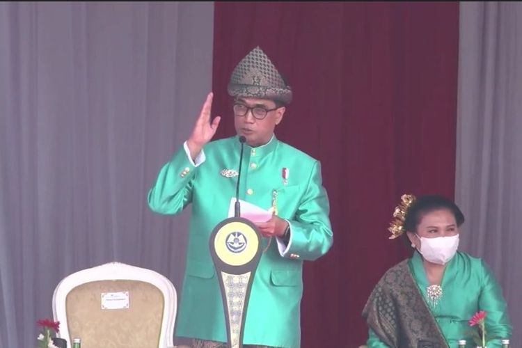 Menteri Perhubungan Budi Karya Sumadi saat pidato upacara Peringatan Hari Perhubungan Nasional Tahun 2022, Sabtu (17/9/2022).