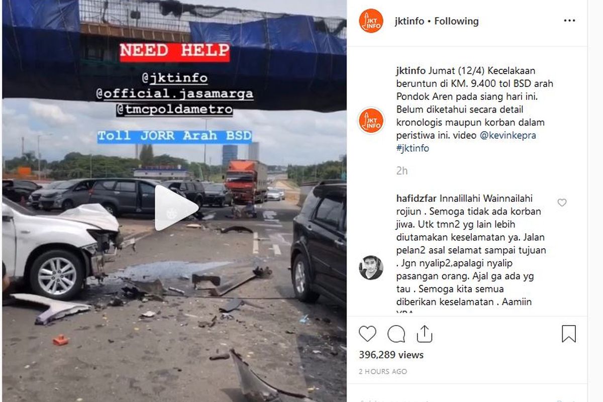 Terjadi kecelakaan beruntun di Tol BSD, Jumat (12/4/2019). 