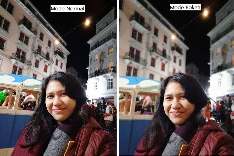 Perbandingan foto selfie malam hari dengan mode normal (kiri) dan mode bokeh (kanan). 