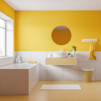 ilustrasi kamar mandi berwarna kuning dan putih