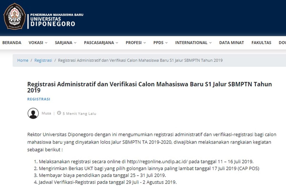 Halaman depan pengumuman registrasi online Universitas Diponegoro (Undip).