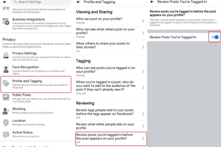 Cara mengaktifkan fitur review tag di Facebook.