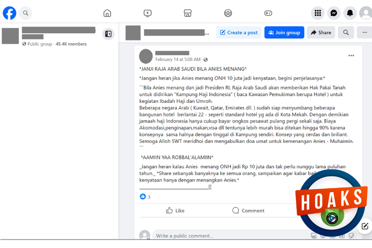 Tangkapan layar konten hoaks di sebuah akun Facebook, Rabu (14/2/2024), soal Raja Arab janjikan hak pakai tanah jika Anies menjadi presiden.