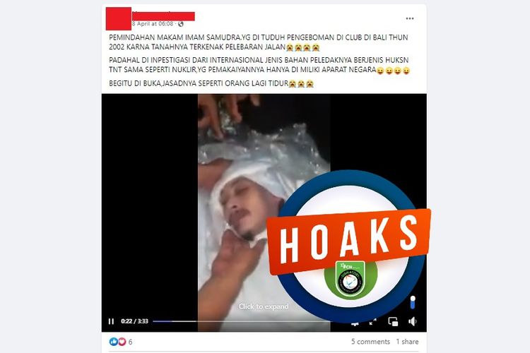 Tangkapan layar Facebook narasi yang menyebut bahwa jenazah Imam Samudera masih utuh