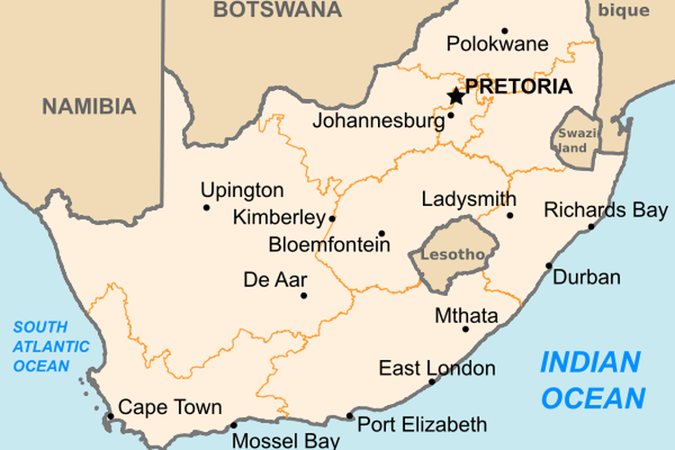 Peta Afrika Selatan yang menunjukkan 3 ibu kotanya yaitu Pretoria, Bloemfontein, dan Cape Town.