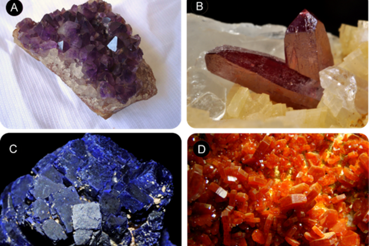 (A) Kristal amethyst senyawa ionik kuarsa, (B) kristal cinnabar senyawa ionik merkuri sulfida, (C) kristal azurite senyawa ionik tembaga, dan (D) kristal vanadinite senyawa ionik vanadium