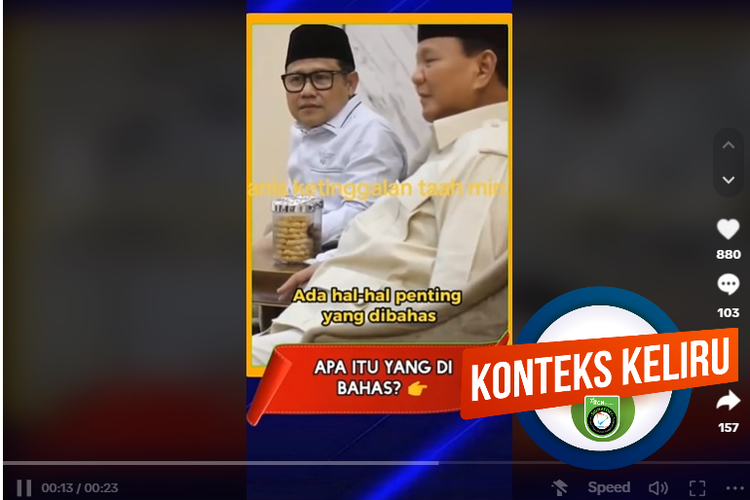Tangkapan layar TikTok narasi yang menyebut Prabowo dan Cak Imin melakukan pertemuan setelah pemungutan suara Pilpres 2024