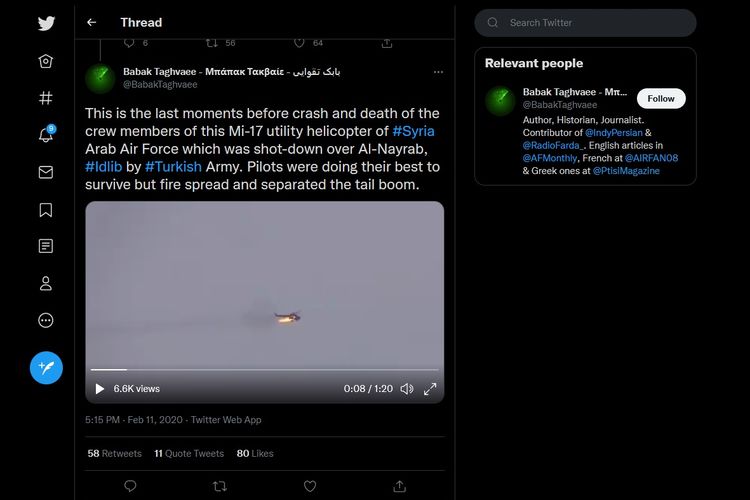 Tangkapan layar video kecelakaan helikopter Syaad Mi-17 di Suriah.
