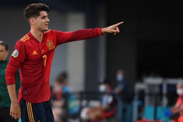 Ekspresi Alvaro Morata seusai mencetak gol pada laga Grup E Euro 2020 yang mempertemukan Spanyol Vs Polandia di Stadion Olimpiade Sevilla pada Minggu (20/6/2021) dini hari WIB.