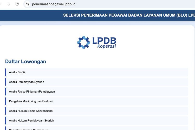 Lowongan Kerja LPDB Koperasi 2026 Dibuka, Cek Formasi, Link Resmi, dan Cara Daftarnya