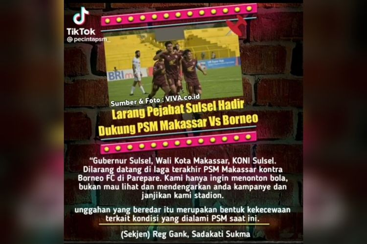 Gambar selebaran yang beredar berbunyi larangan bagi pemerintah di Sulsel mendukung PSM Makassar kontra Borneo FC di Stadion Gelora BJ Habibie, Kota Parepare pada pertengahan April nanti. Selebaran beredar luas pada Sabtu (1/4/2023)