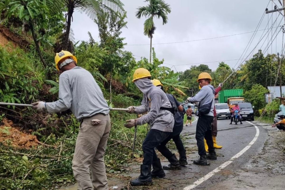 Petugas PLN bahu membahu untuk memulihkan jaringan listrik yang roboh akibat tanah longsor di Kecamatan Lembah Gumanti Kabupaten Solok, Sumatra Barat.