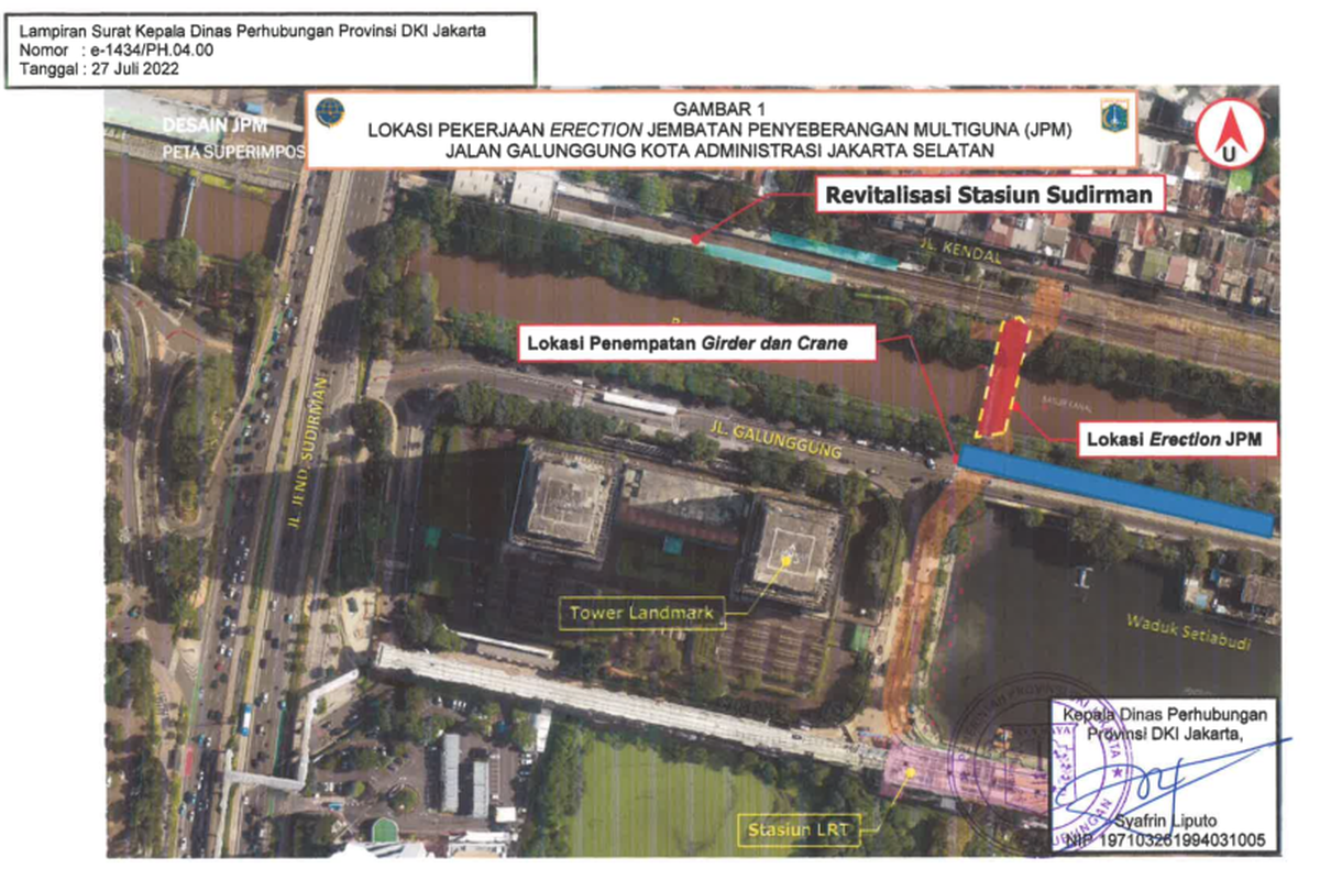 Rencana Rekayasa Lalu Lintas Jalan Galunggung, Jakarta Selatan pada 29 Juli 2022 sampai 19 Agustus 2022 sehubungan dengan kegiatan konstruksi struktur baja Jembatan Penyeberangan Multiguna (JPM) Dukuh Atas di atas aliran Ciliwung Kanal Banjir Barat. 