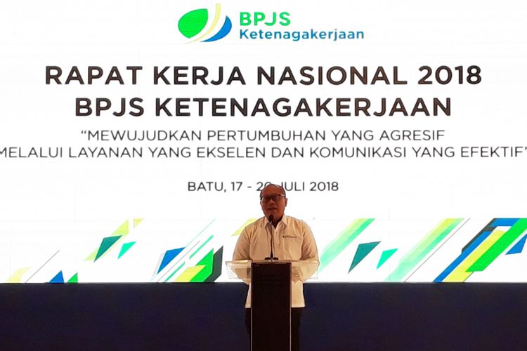 Direktur Utama BPJS Ketenaga Kerjaan Agus Susanto Menyampaikan Sambutan dalam Rapat Kerja Nasional (Rakernas) BPJS Ketanagakerjaan, Rabu (18/7/2018)