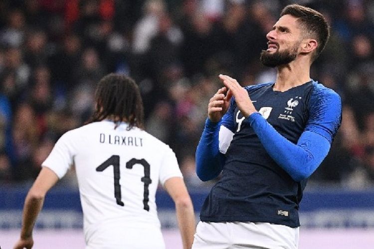 Olivier Giroud tampil menjadi pembeda pada laga persahabatan Perancis vs Uruguay di Stade de France. 20 November 2018. 