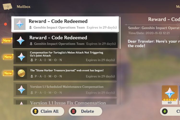 Tampilan menu Mailbox di Genshin Impact untuk mengklaim hadiah dari kode redeem.
