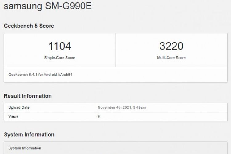 Hasil benchmark Geekbench yang konon merupakan Galaxy S21 FE.