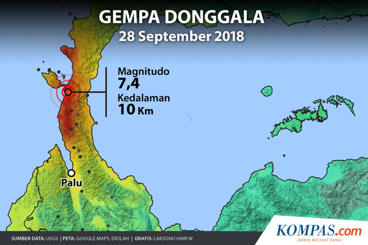 Lokasi rentetan gempa di Sulawesi Tengah, Jumat (28/9/2018).