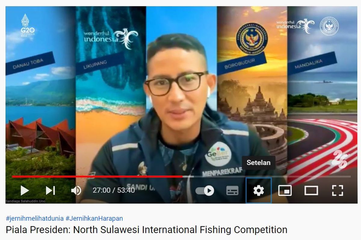 Menteri Pariwisata dan Ekonomi Kreatif Sandiaga Uno dalam launcing Piala Presiden North Sulawesi International Fishing Competition, Jumat (15/7/2022).