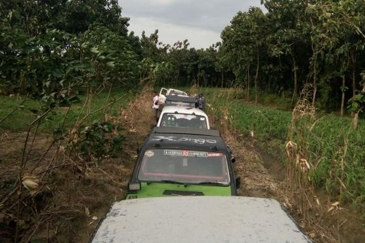 Konvoi jip dari  Kalijogo Jip Community di hutan Jragung Demak. Sabtu (11/2/2017) hingga Minggu (12/2/2017),  Kalijogo Jip Community melakukan perjalanan lintas alam di hutan selatan Kabupaten Demak yang berbatasan dengan wilayah Ungaran, Kabupaten Semarang, Jawa Tengah. 