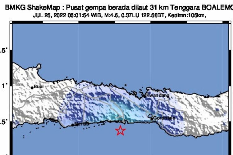 Gempa tektonik Magnitudo 4,6 dengan episenter pada koordinat 0.37 Lintang Utara dan 122.58 Bujur Timur, atau berlokasi 31 km arah tenggara Kabupaten Boalemo pada kedalaman 105 km.