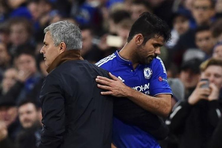Jose Mourinho bersama Diego Costa saat Chelsea melawan FC Porto, 9 Desember 2015.