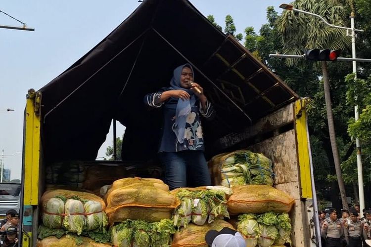Aksi Pendukung MBG di Jakarta, Massa Naik ke Atas Tumpukan Sawi Putih Saat Berorasi