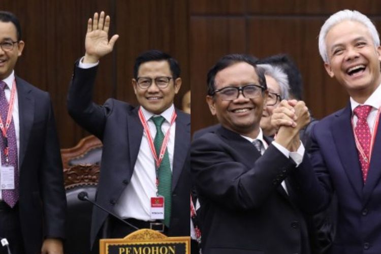 Anies-Muhaimin dan Ganjar-Mahfud setelah mengikuti sidang pembacaan putusan sengketa Pilpres di Gedung MK, Jakarta, Senin (22/4/2024).