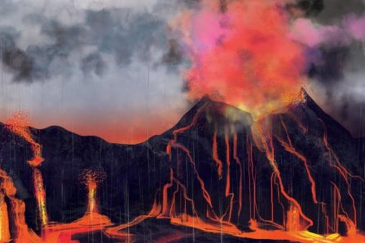 Ilustrasi erupsi gunung berapi dibarengi hujan asam