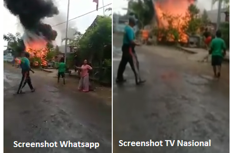 Screenshot POM mini meledak, kiri gambar video yang beredar, kanan screenshot video TV nasional