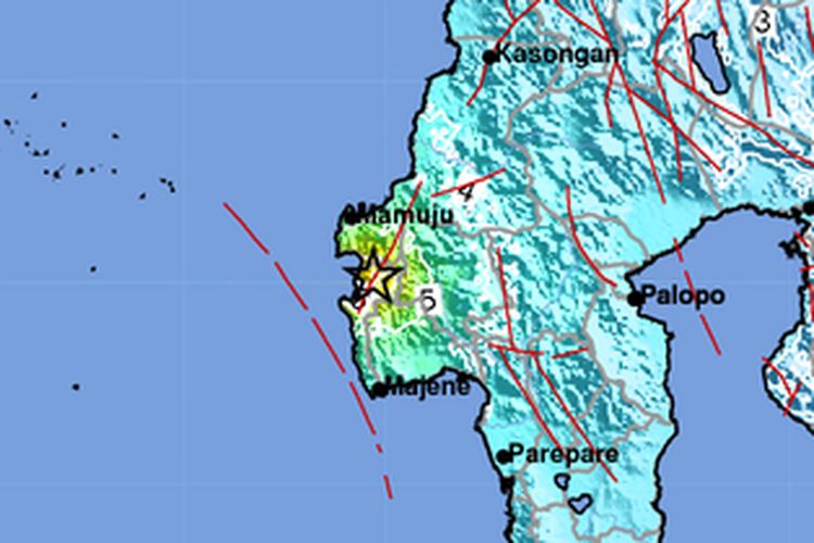 Lokasi gempa Majene Sulawesi Barat magnitudo 6,2, Jumat (15/1/2021). 