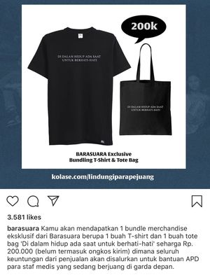 Tangkapan layar Instagram @barasuara. Barasuara menjual merchandise dan hasil penjualan akan didonasikan untuk membeli APD bagi petugas medis yang tengah berjuang mengobati pasien positif corona