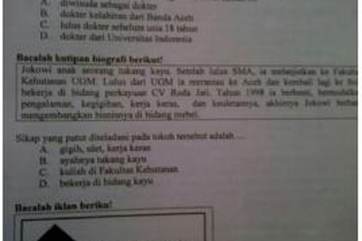 Materi soal tentang Jokowi yang ditemukan Federasi Serikat Guru Indonesia (FSGI) di dalam salah satu lembar soal Ujian Nasional SMP yang dilaksanakan Senin (5/5/2014)