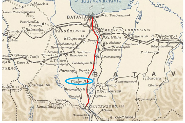 Jalur kereta api Jakarta-Bogor ditunjukkan garis berwarna merah sedangkan letak Halte CItayam ditandai lingkaran berwarna biru, peta tahun 1913